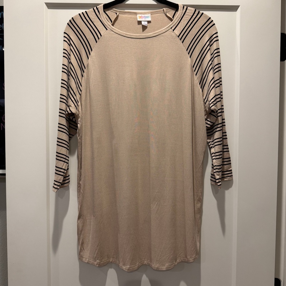 Minimalist Preppy LuLaRoe Julia Beige Black Striped Raglan Midi Dress L